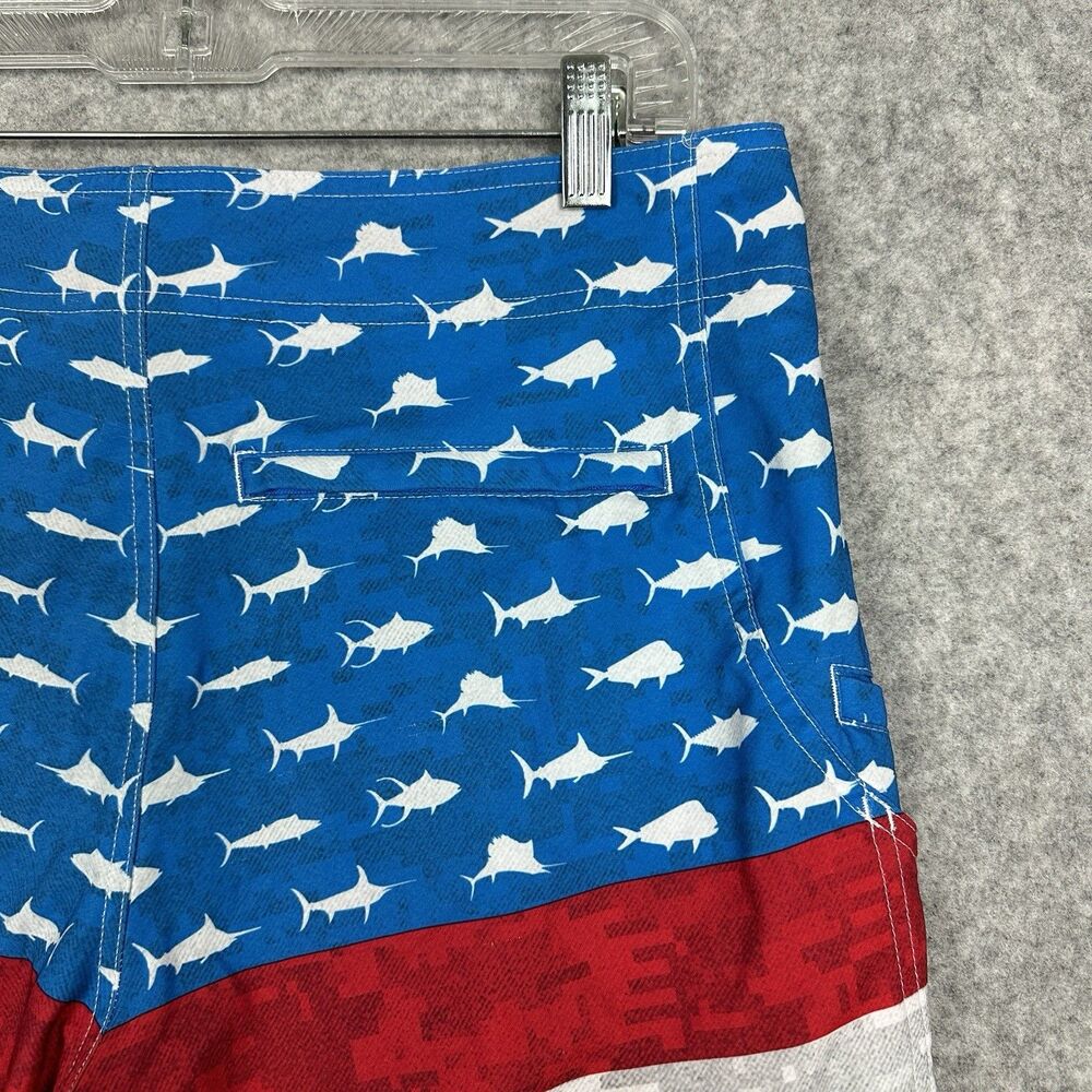 Pelagic Sharkskin Cargo Board Shorts Mens 34 Red White Blue USA Flag Beach 12" - Picture 6 of 12